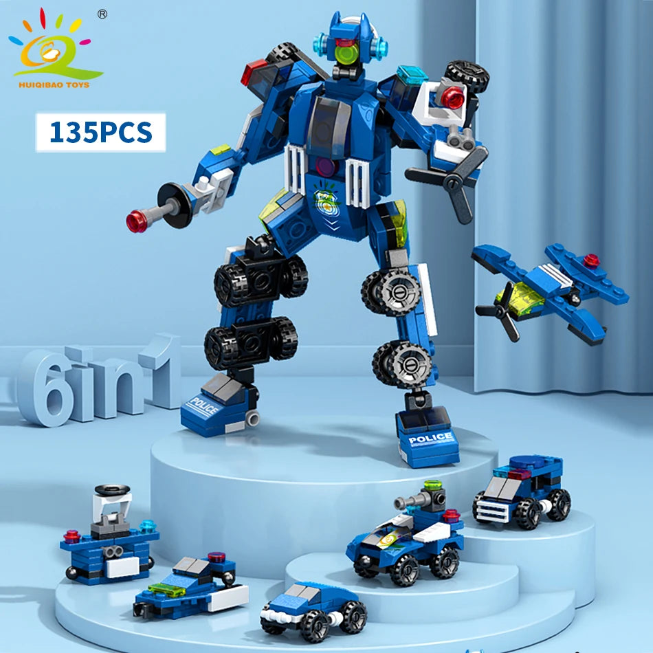 HUIQIBAO 6IN1 City Engineering Car Police Truck Building Blocks Tank Helicopter Bricks Fire Fighting Set Toys for Children