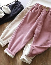 Kids Warm Pants Boy Girls Autumn Winter Corduroy Thick Outer Wear Sports Trousers 3-10Y Children Clothes Casual High Waist Pants
