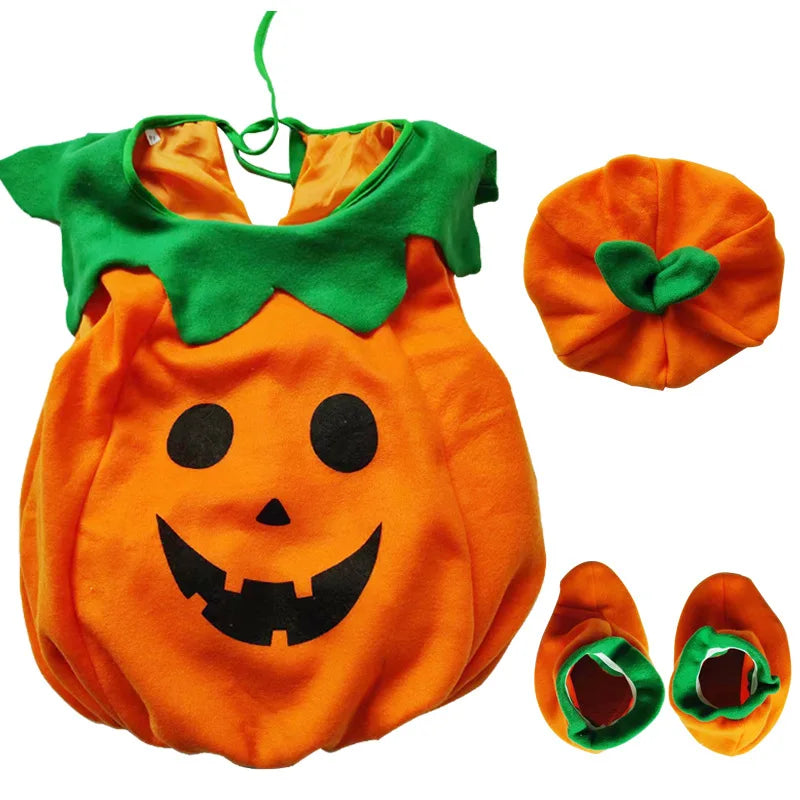 Kids Halloween Pumpkin Cosplay Costume for Toddler Boys Girls Stage Role Play Costumes Fancy Dress Tops+Hat Party Clothing Set