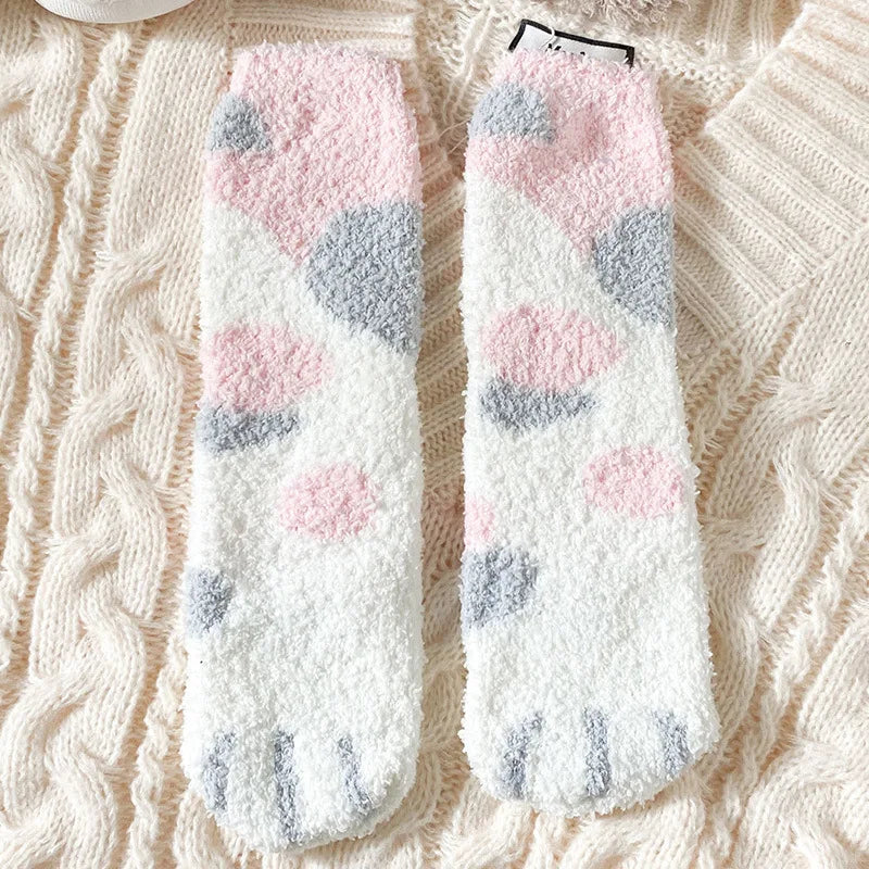 Autumn Winter Coral Velvet Socks Cute Cat Claw Socks For Women Children Girls Middle Tube Thickened Sleep Socks Home Floor Socks