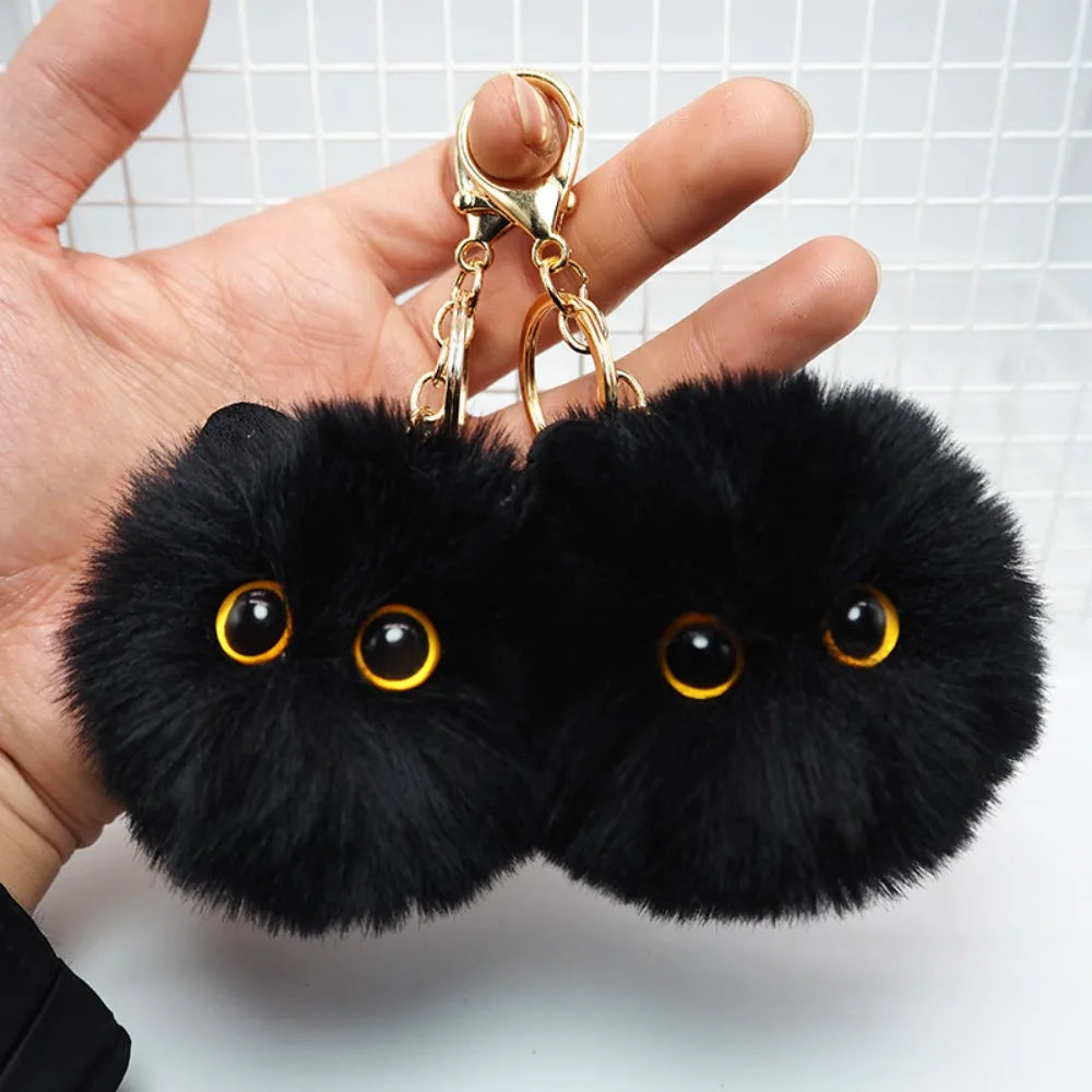 Black Plush Cat Keychain for Women Soft Faux Fur Ball Kitten Keyring Bag Pendant Car Key Chain Girl Kids Couple Gift