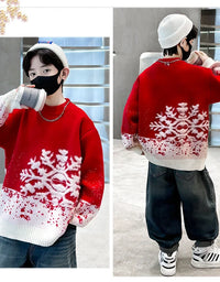 Child Autumn Winter Christmas Sweater One Piece For Boys Kids Red New Year Pullover Knitwear with Snowflakes Sweaters 5 To 14 Y
