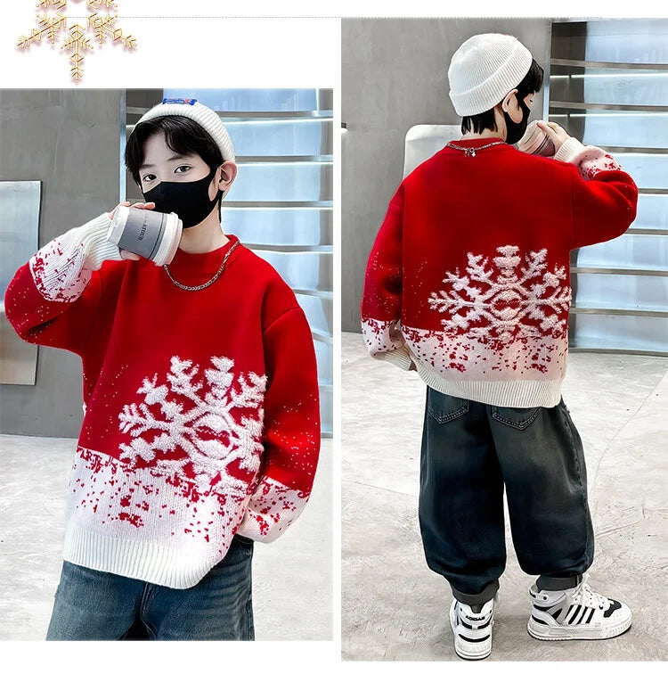 Child Autumn Winter Christmas Sweater One Piece For Boys Kids Red New Year Pullover Knitwear with Snowflakes Sweaters 5 To 14 Y