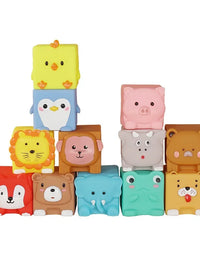 Cute Animals Blocks Toy Silicone Toys Rubber Months Cube 3D Sensory Kids Bath Touch 6 Pcs Grasp Stacking
