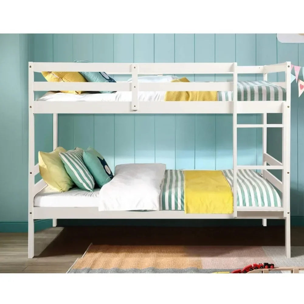 Twin Over Twin Bunk Beds, Wood Convertible Two Beds, Solid Rubberwood Bunk Bed with Built-in Ladder and Safety Rails, Beds