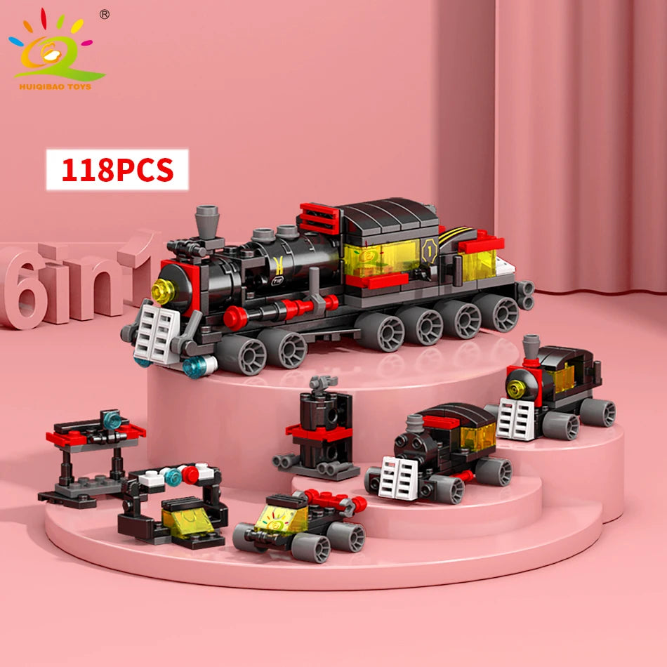 HUIQIBAO 6IN1 City Engineering Car Police Truck Building Blocks Tank Helicopter Bricks Fire Fighting Set Toys for Children