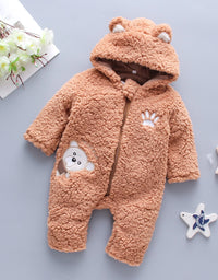 Baby Winter Thick Romper Solid Cotton Warm Long Sleeve Boy Girl Jumpsuit Clothes 0-24M Newborn Bear Fleece Hooded Pyjamas
