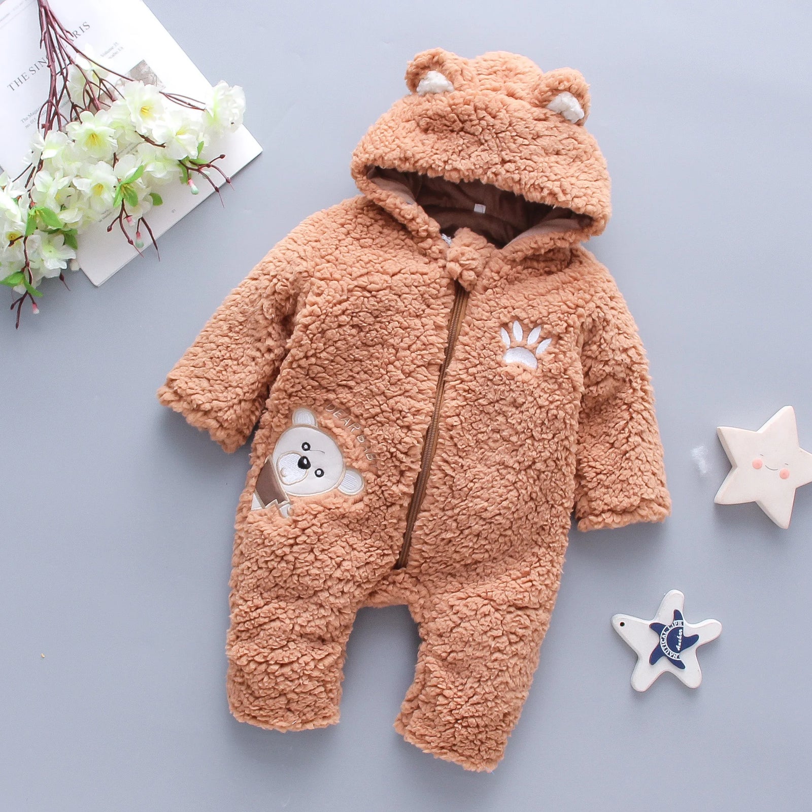 Baby Winter Thick Romper Solid Cotton Warm Long Sleeve Boy Girl Jumpsuit Clothes 0-24M Newborn Bear Fleece Hooded Pyjamas