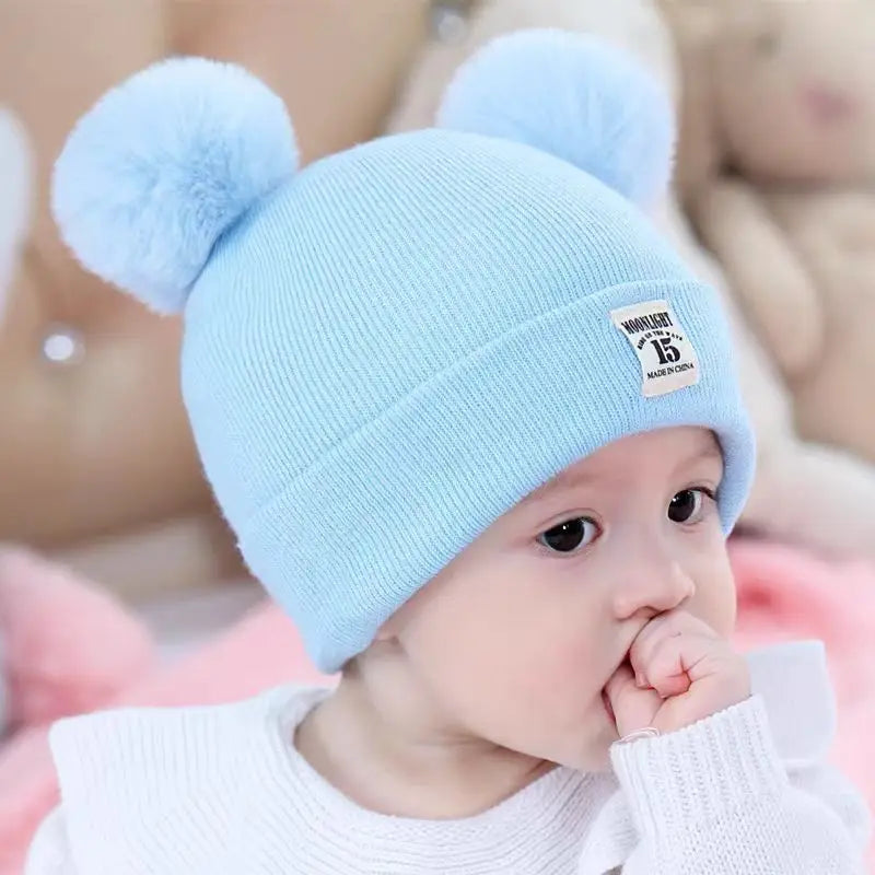 Winter Children Warm Baby Knitted Hats with Pom Pom Kids Knit Beanie Hats Solid Color Children's Hat for Boys Girls Accessories