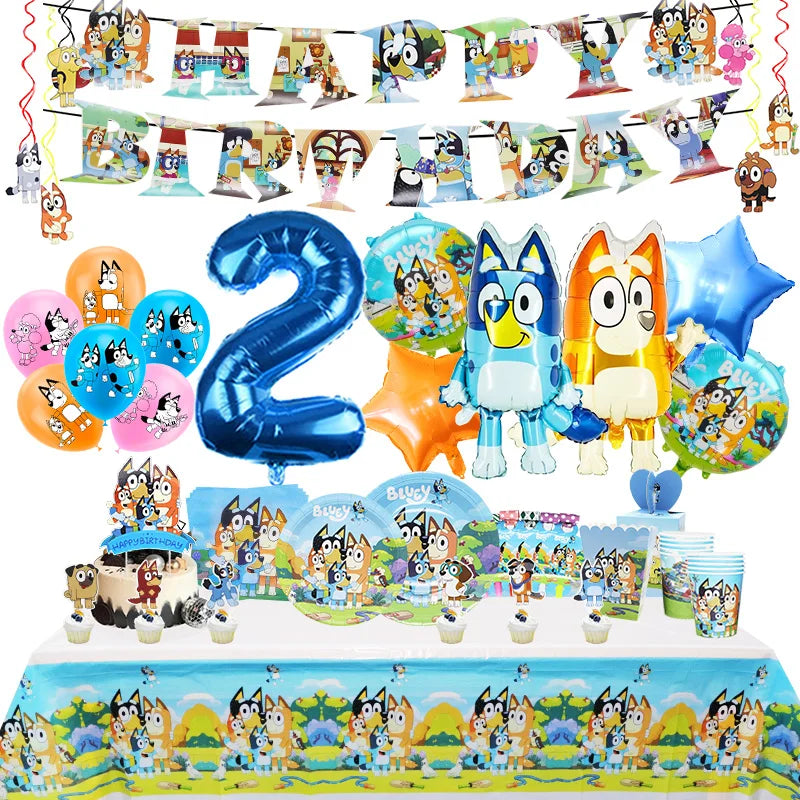 Blueies Birthday Party Decoration Foil Latex Balloon For Kids Event Supplies Blue Dog Disposable Tableware Banner Backdrop