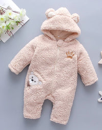 Baby Winter Thick Romper Solid Cotton Warm Long Sleeve Boy Girl Jumpsuit Clothes 0-24M Newborn Bear Fleece Hooded Pyjamas
