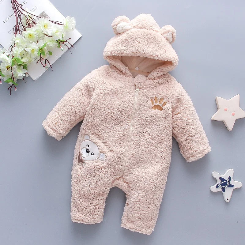 Baby Winter Thick Romper Solid Cotton Warm Long Sleeve Boy Girl Jumpsuit Clothes 0-24M Newborn Bear Fleece Hooded Pyjamas