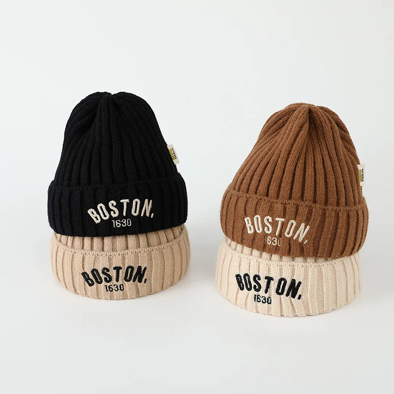 Autumn Winter Baby Embroidery Letter Knitting Caps Kid Boy Solid Warm Beanies Girl Children Fashion Casual Hat Infant Soft Caps