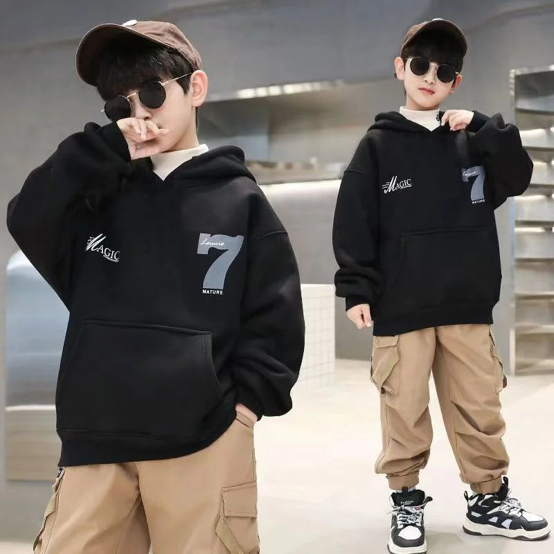 Boys Fashion Hoodies 2024 Autumn Winter Kids Sweatshirts New Handsome  Long Sleeved Clothes Big Children Loose Hooded Tops