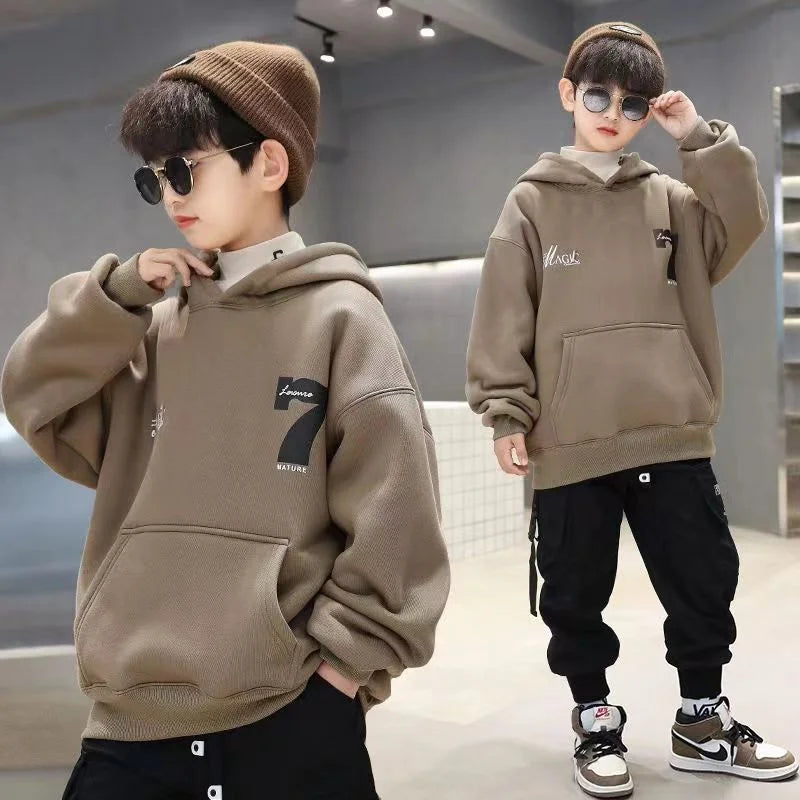 Boys Fashion Hoodies 2024 Autumn Winter Kids Sweatshirts New Handsome  Long Sleeved Clothes Big Children Loose Hooded Tops