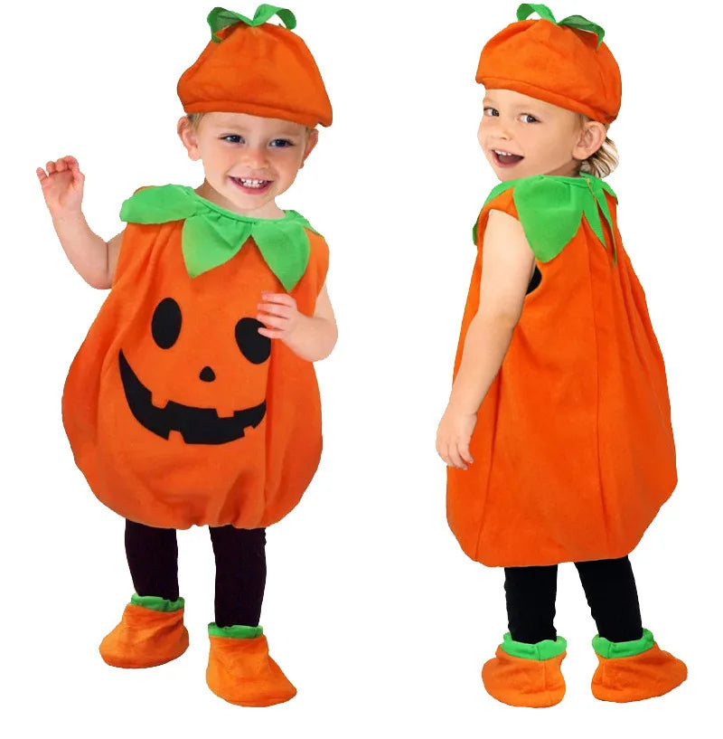 Kids Halloween Pumpkin Cosplay Costume for Toddler Boys Girls Stage Role Play Costumes Fancy Dress Tops+Hat Party Clothing Set