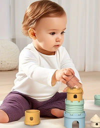 Stacking Cups Toy Fun Educational Baby Toys Silicone Soft Teething Toy Castle Frog Learning Tower Blocks for Infants Toddlers
