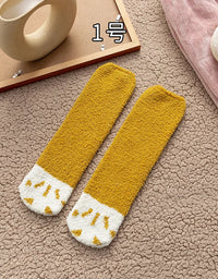 Autumn Winter Coral Velvet Socks Cute Cat Claw Socks For Women Children Girls Middle Tube Thickened Sleep Socks Home Floor Socks
