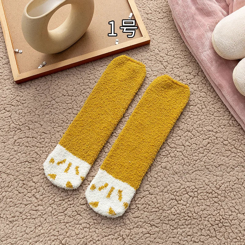 Autumn Winter Coral Velvet Socks Cute Cat Claw Socks For Women Children Girls Middle Tube Thickened Sleep Socks Home Floor Socks