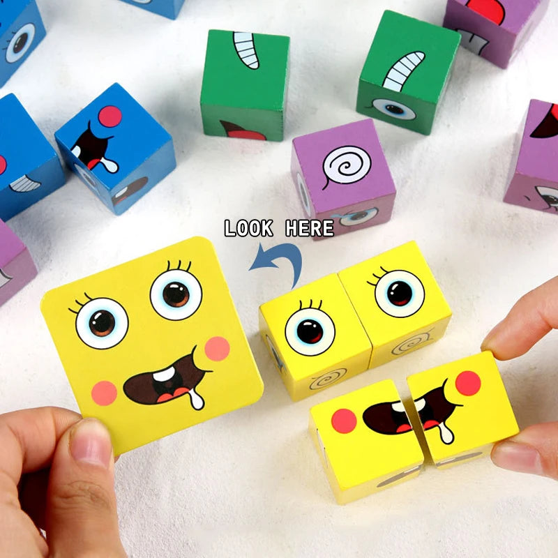 Kids Face Change Expression Puzzle Building Blocks Montessori Cube Table Game Toy Early Educational Toys for Children Gifts