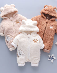 Baby Winter Thick Romper Solid Cotton Warm Long Sleeve Boy Girl Jumpsuit Clothes 0-24M Newborn Bear Fleece Hooded Pyjamas
