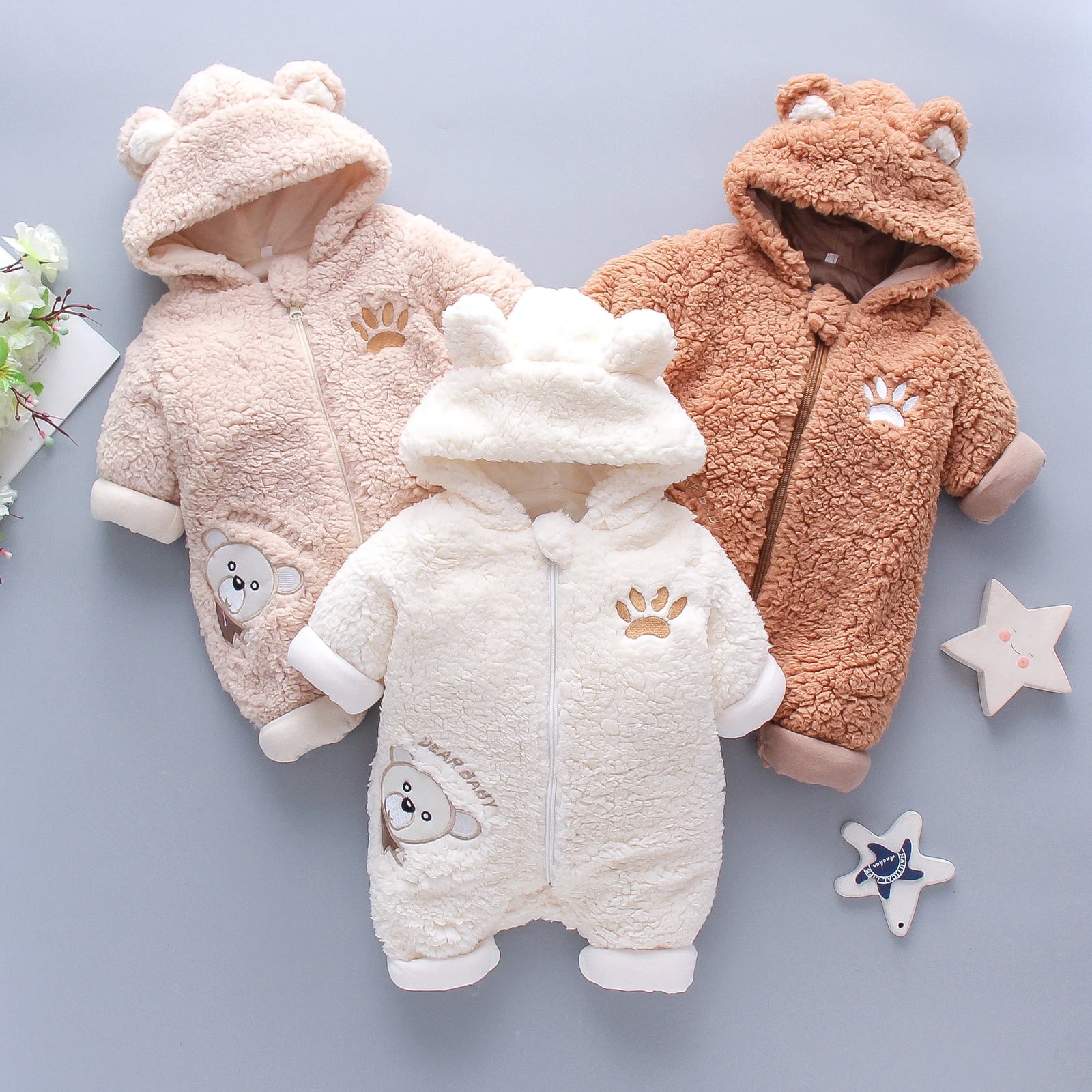 Baby Winter Thick Romper Solid Cotton Warm Long Sleeve Boy Girl Jumpsuit Clothes 0-24M Newborn Bear Fleece Hooded Pyjamas