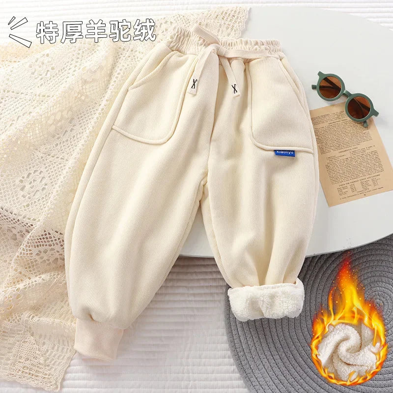 New Boys 2-12Y Winter Thick Sweatpants For Girls  Casual Pants Boy Student Loose Sports Pants Baby Pockets Kids Trousers