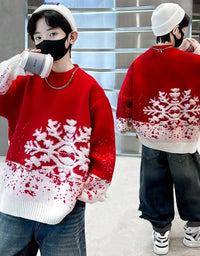 Child Autumn Winter Christmas Sweater One Piece For Boys Kids Red New Year Pullover Knitwear with Snowflakes Sweaters 5 To 14 Y
