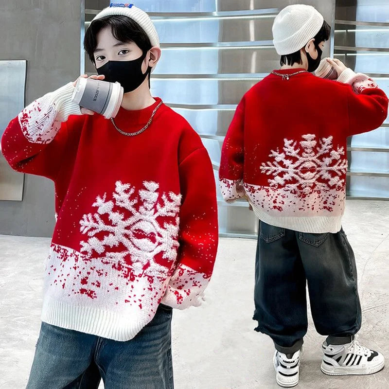 Child Autumn Winter Christmas Sweater One Piece For Boys Kids Red New Year Pullover Knitwear with Snowflakes Sweaters 5 To 14 Y