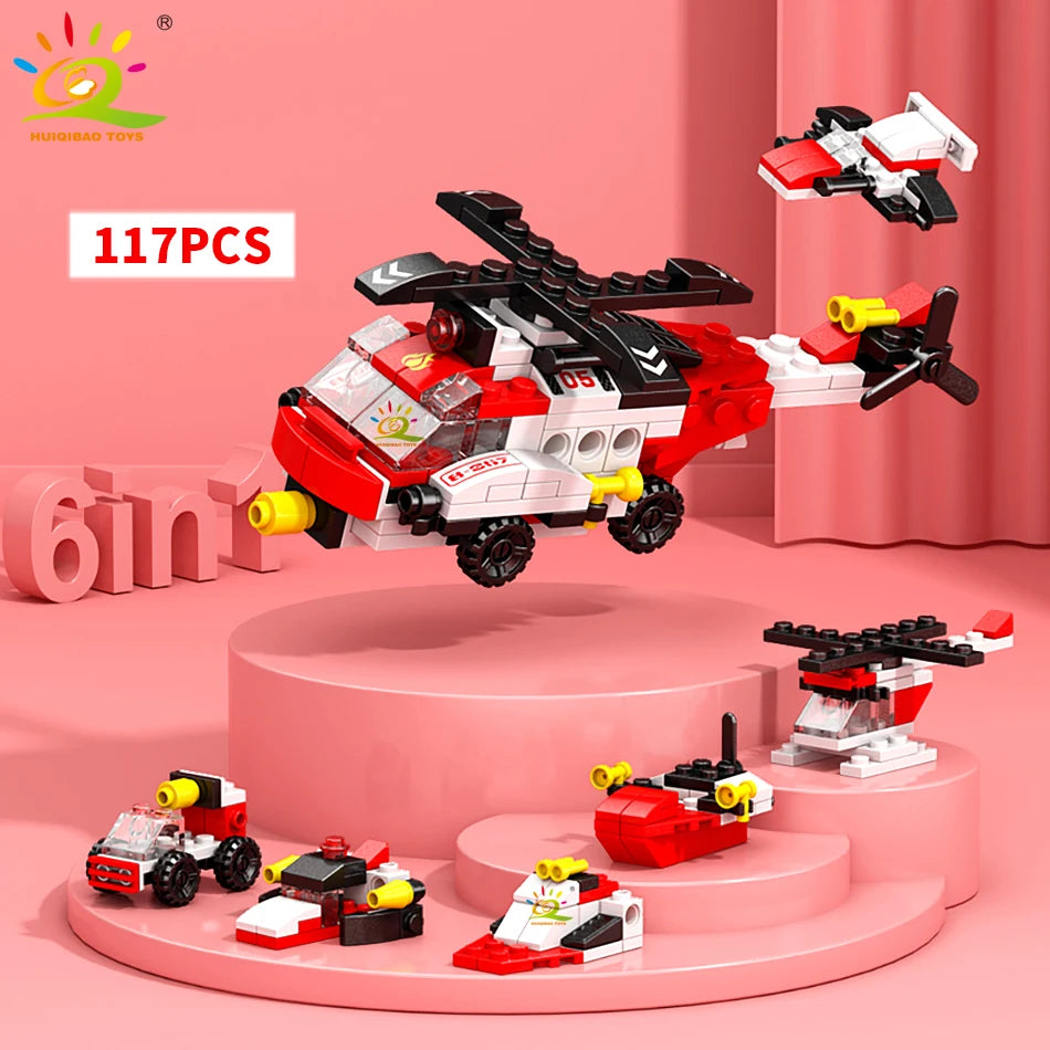 HUIQIBAO 6IN1 City Engineering Car Police Truck Building Blocks Tank Helicopter Bricks Fire Fighting Set Toys for Children