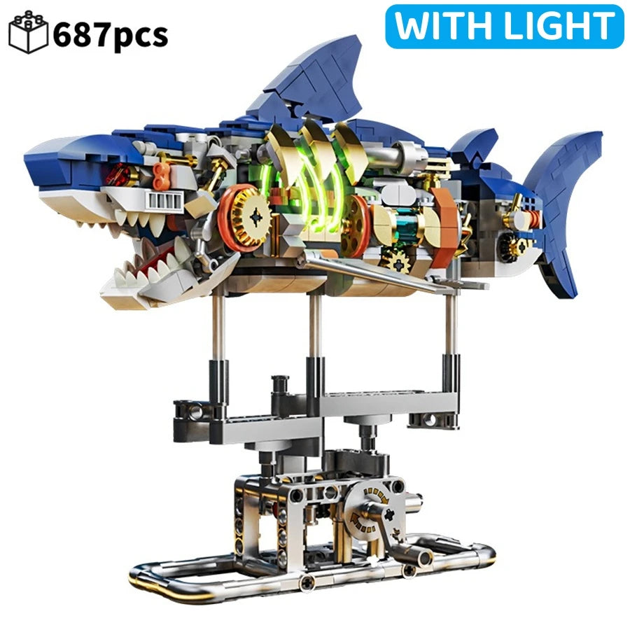 Mechanical Shark Building Set, Sea Life Crocodile Parrot Mantis Frog Manta Ray Building Blocks Light, Animal Toys Gift for Kid