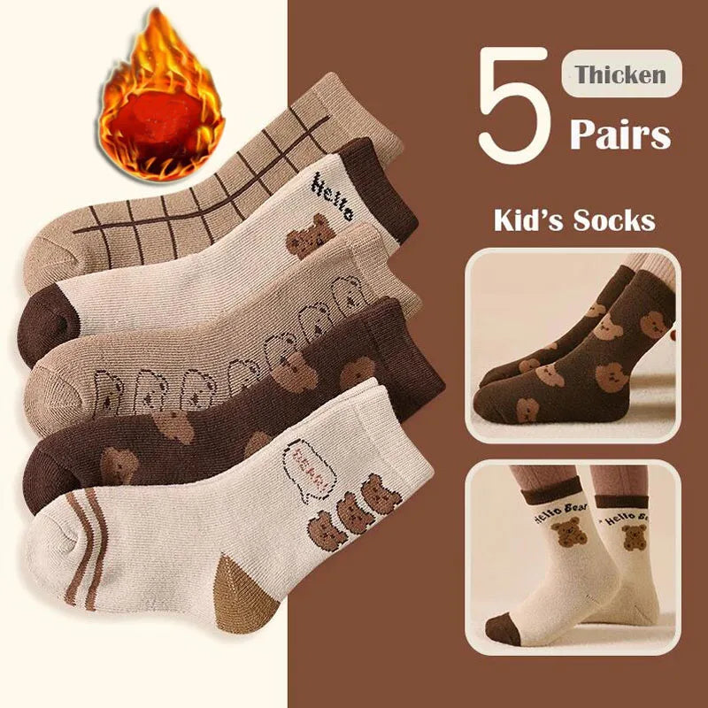 5 Pairs Baby Socks Winter Socks Thick Thermal Warm Socks Kids Cartoon Bear Cotton Socks For Boys Infant Snow Boot Calf Sock