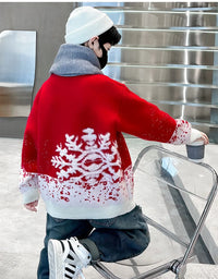 Child Autumn Winter Christmas Sweater One Piece For Boys Kids Red New Year Pullover Knitwear with Snowflakes Sweaters 5 To 14 Y
