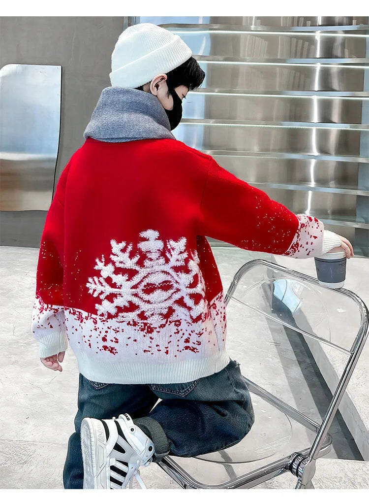 Child Autumn Winter Christmas Sweater One Piece For Boys Kids Red New Year Pullover Knitwear with Snowflakes Sweaters 5 To 14 Y