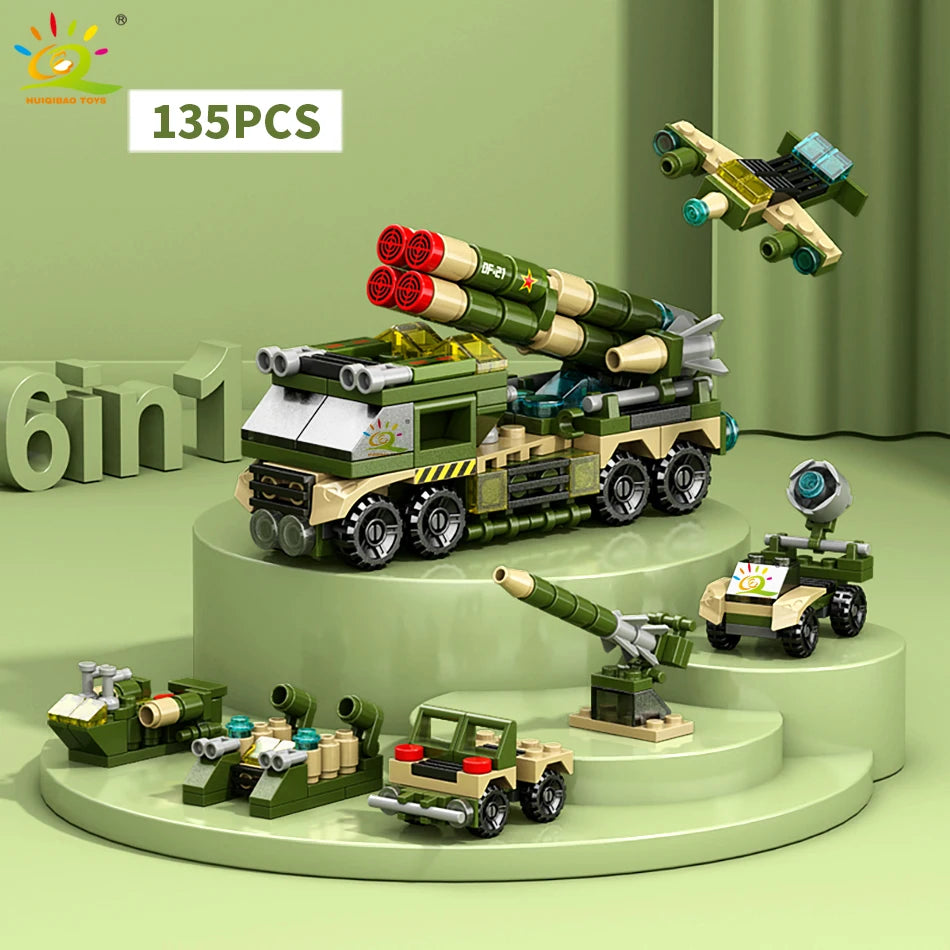 HUIQIBAO 6IN1 City Engineering Car Police Truck Building Blocks Tank Helicopter Bricks Fire Fighting Set Toys for Children