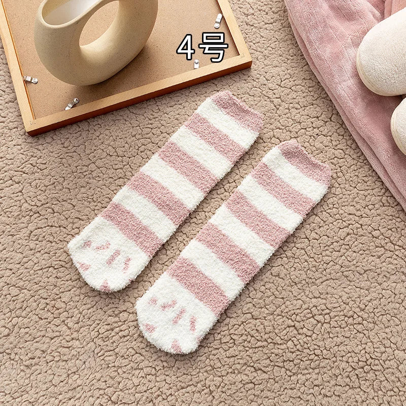 Autumn Winter Coral Velvet Socks Cute Cat Claw Socks For Women Children Girls Middle Tube Thickened Sleep Socks Home Floor Socks