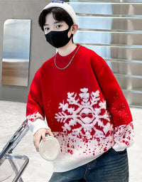 Child Autumn Winter Christmas Sweater One Piece For Boys Kids Red New Year Pullover Knitwear with Snowflakes Sweaters 5 To 14 Y
