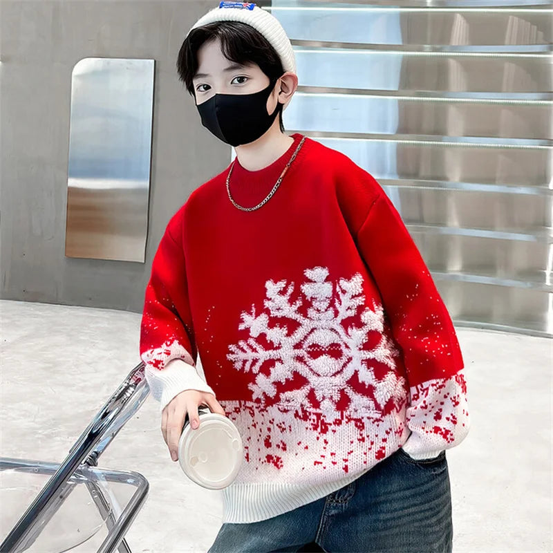 Child Autumn Winter Christmas Sweater One Piece For Boys Kids Red New Year Pullover Knitwear with Snowflakes Sweaters 5 To 14 Y