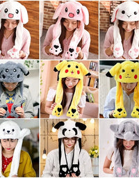 Cute Bunny Ears Hat Moving Pikachu Rabbit Soft Jumping Up Cap Funny Toy Girls Cartoon Kawaii Plush Hat Toys Gift for Adult Kids
