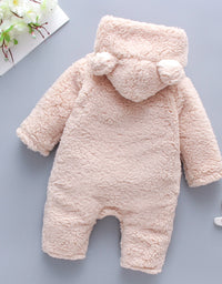 Baby Winter Thick Romper Solid Cotton Warm Long Sleeve Boy Girl Jumpsuit Clothes 0-24M Newborn Bear Fleece Hooded Pyjamas
