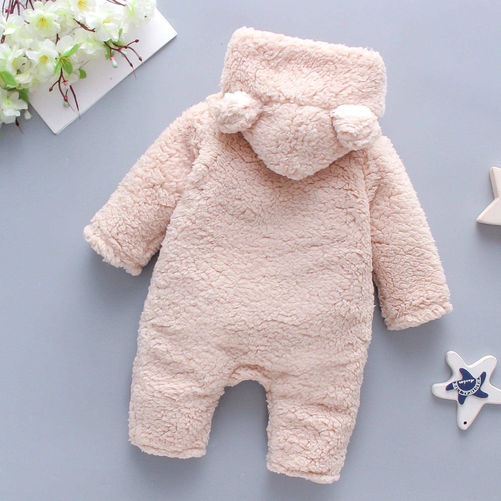 Baby Winter Thick Romper Solid Cotton Warm Long Sleeve Boy Girl Jumpsuit Clothes 0-24M Newborn Bear Fleece Hooded Pyjamas