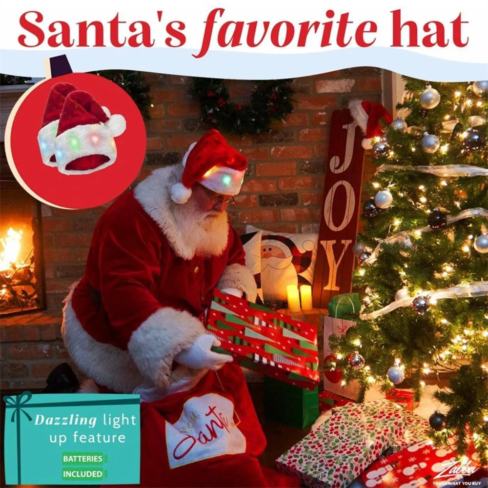 Funny LED Light Up Christmas Hat Plush Santa Hats with Bright Lights New Year Festive Holiday Party Supplies for Adults Kids