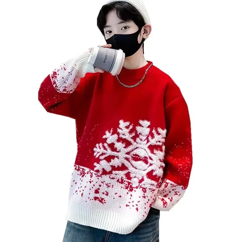 Child Autumn Winter Christmas Sweater One Piece For Boys Kids Red New Year Pullover Knitwear with Snowflakes Sweaters 5 To 14 Y