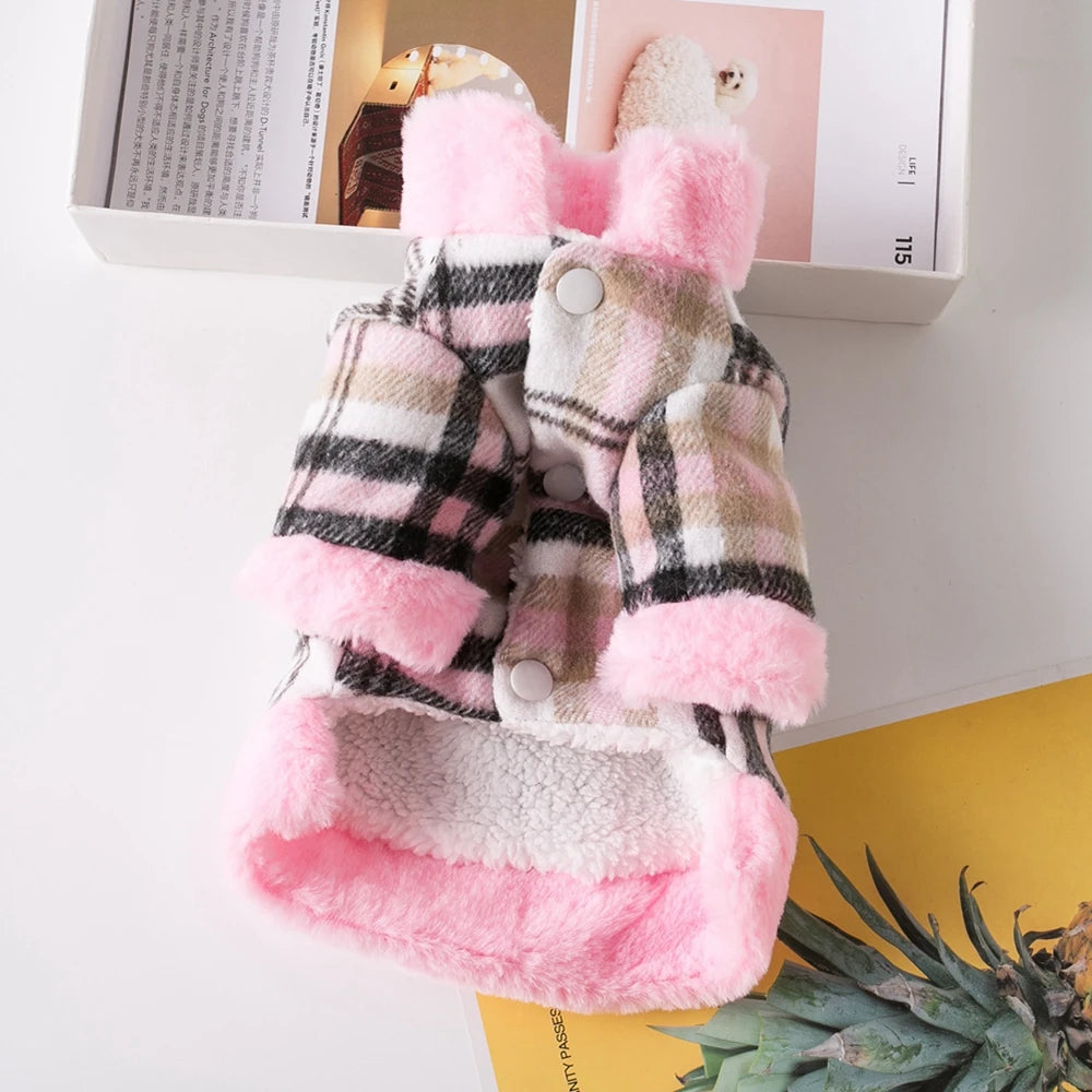 Winter Pet Jacket Clothes Grid Warm Small Dogs Clothing With Fur Collar Cotton Pet Outfits French Bulldog Coat Vest Chihuahua