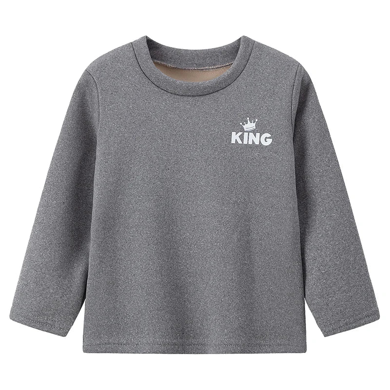 Autumn And Winter Children's Solid Color KING Letter Plus Velvet Long-sleeved Shirt Boy Casual Joker Thick Sweater Girl Sports T