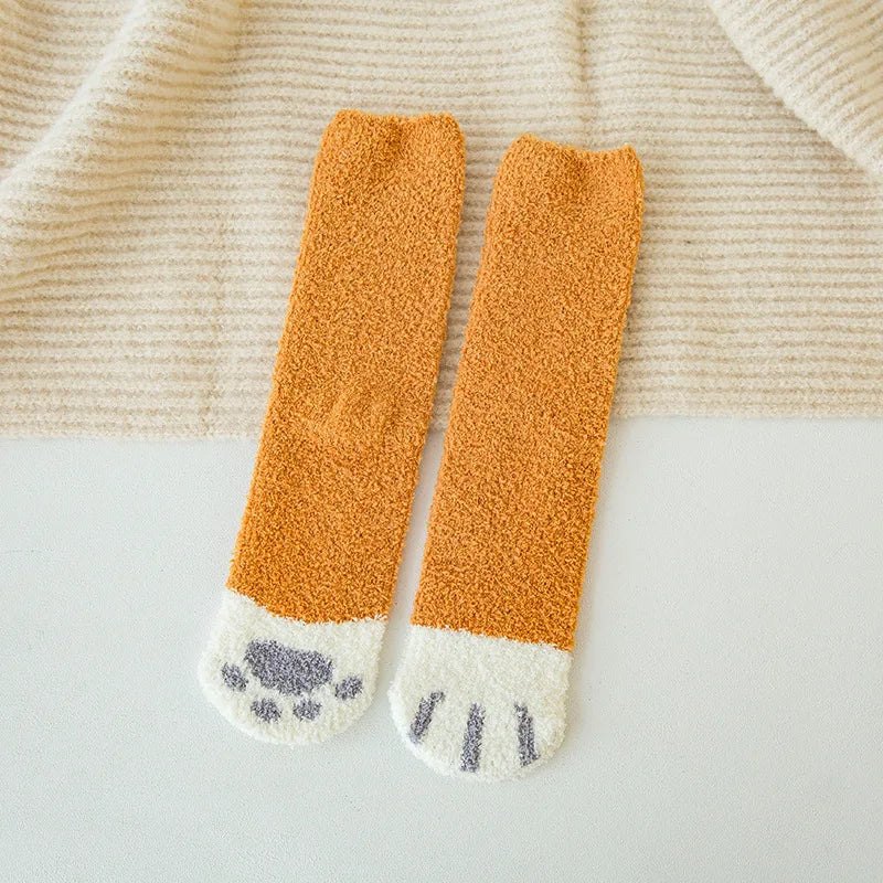 Autumn Winter Coral Velvet Socks Cute Cat Claw Socks For Women Children Girls Middle Tube Thickened Sleep Socks Home Floor Socks