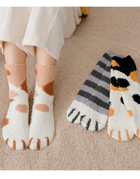 Autumn Winter Coral Velvet Socks Cute Cat Claw Socks For Women Children Girls Middle Tube Thickened Sleep Socks Home Floor Socks
