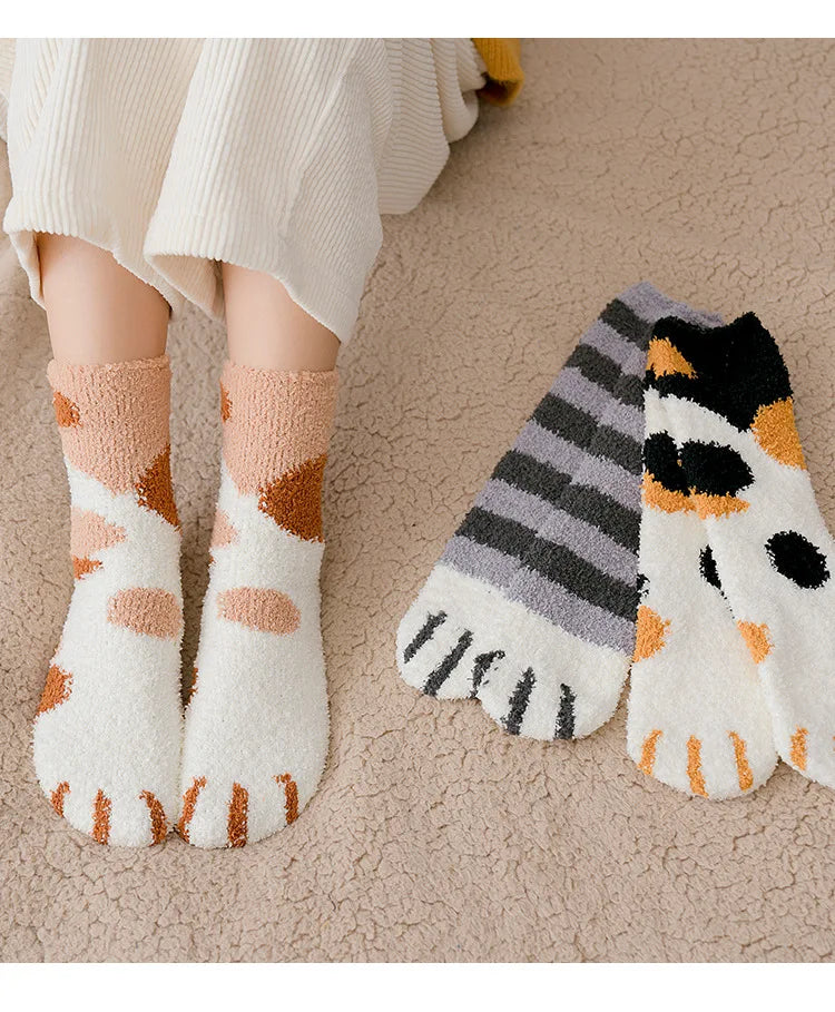 Autumn Winter Coral Velvet Socks Cute Cat Claw Socks For Women Children Girls Middle Tube Thickened Sleep Socks Home Floor Socks