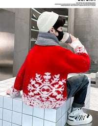 Child Autumn Winter Christmas Sweater One Piece For Boys Kids Red New Year Pullover Knitwear with Snowflakes Sweaters 5 To 14 Y
