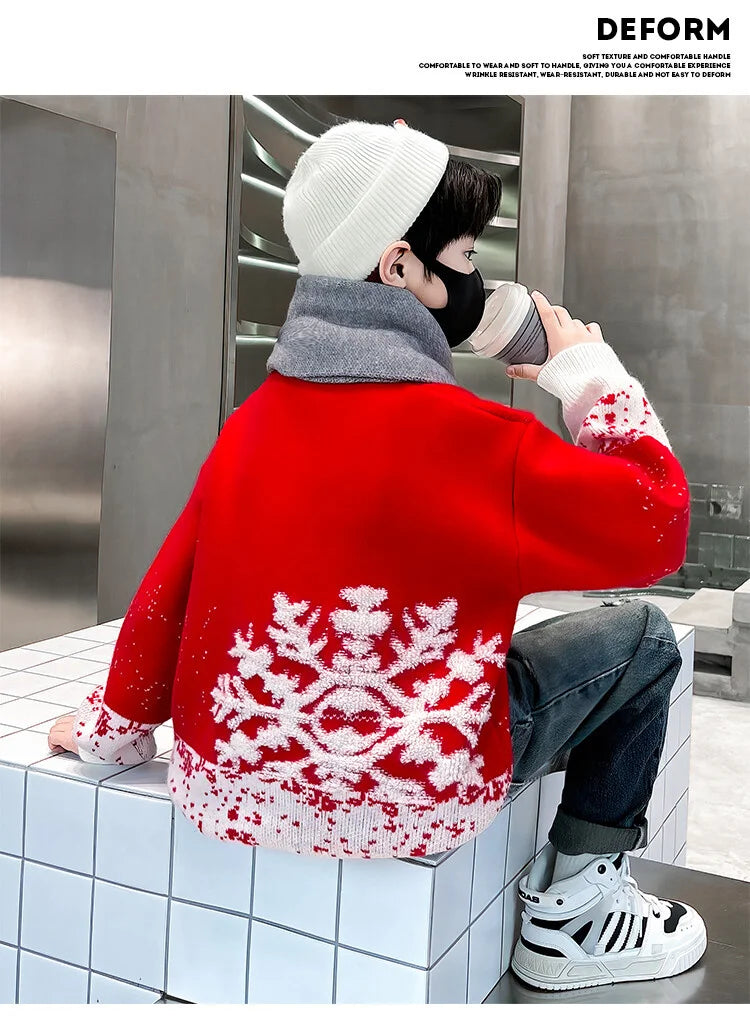 Child Autumn Winter Christmas Sweater One Piece For Boys Kids Red New Year Pullover Knitwear with Snowflakes Sweaters 5 To 14 Y